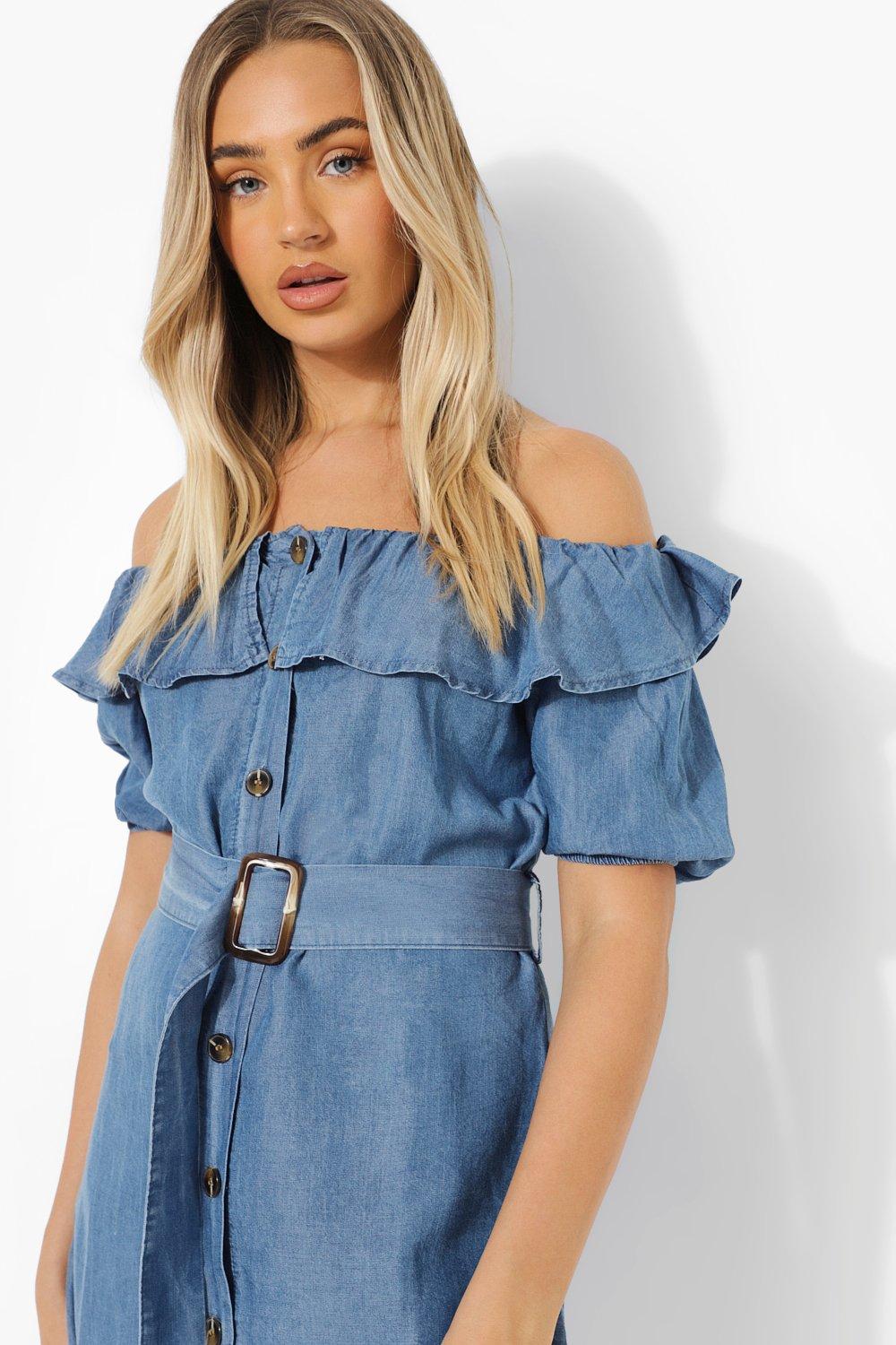 Ruffle Bardot Button Down Denim Dress boohoo NZ